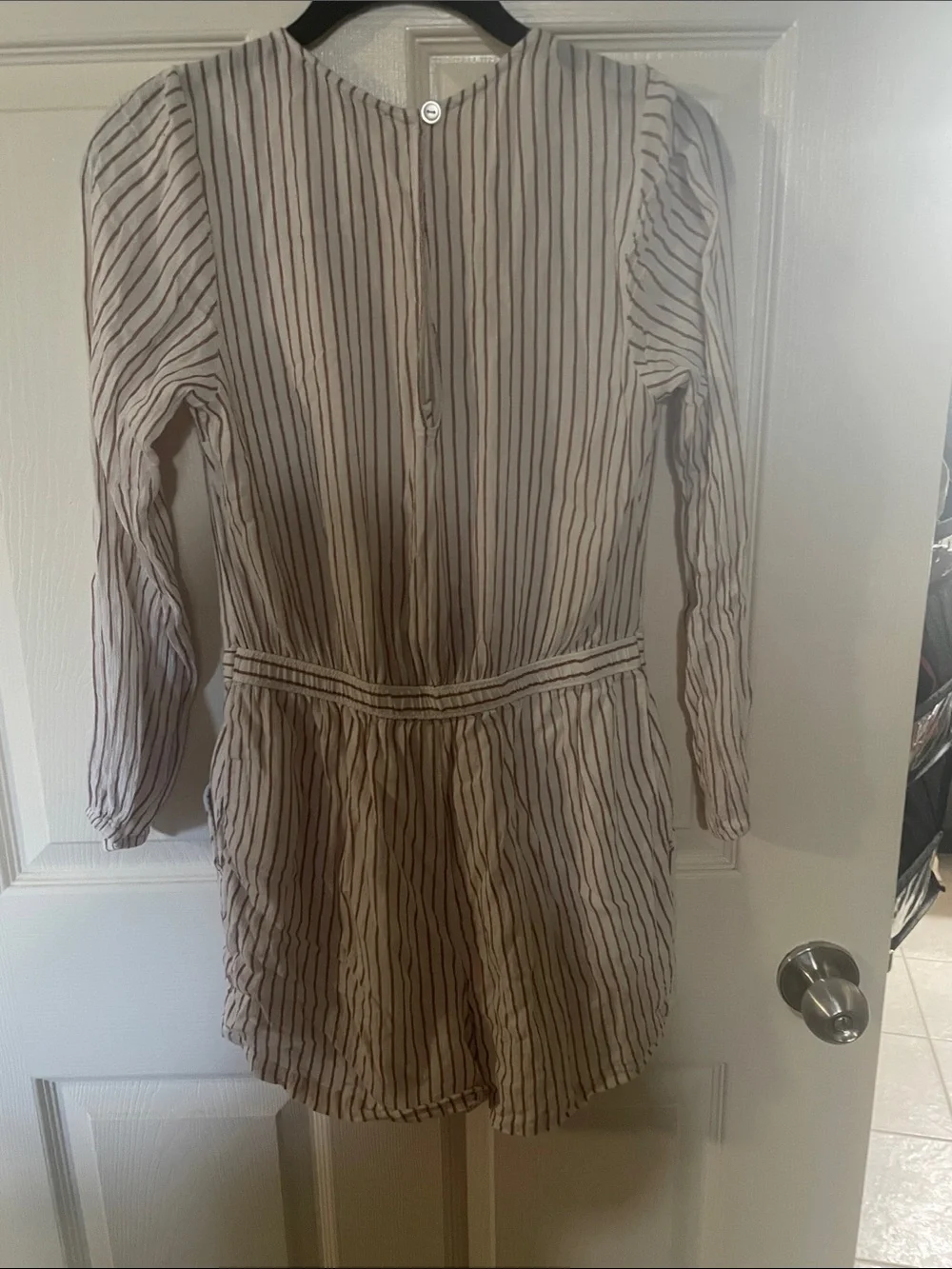 Cream and Brown Striped Long-Sleeve Tie-Waist romper